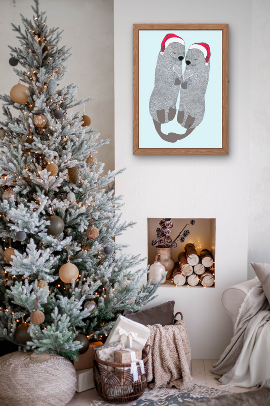 Otters with Santa Hat Holiday Print