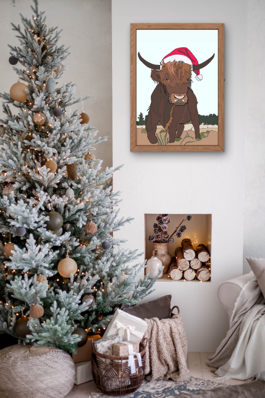 Highland Cow with Santa Hat Holiday Print