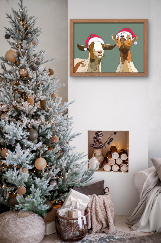 Goat Friends with Santa Hat Holiday Print