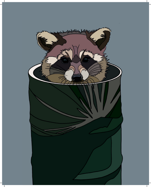 Trash Panda - Raccoon in a Trash Can - Hand-Drawn - Artwork Print