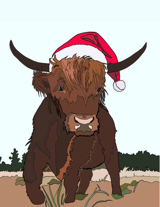 Highland Cow with Santa Hat Holiday Print 