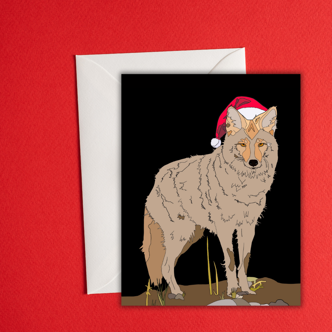 Coyote in Santa Hat Christmas Card - Cute Holiday Greeting