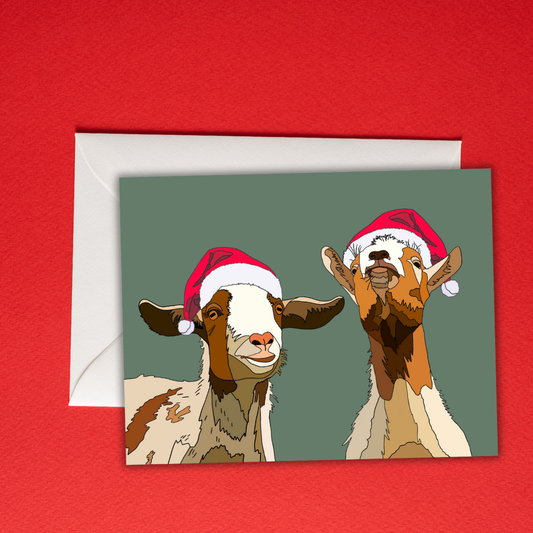 Funny Christmas Goat Card – Cute Farm Goats in Santa Hats