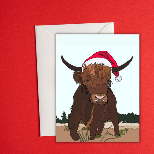 Highland Cow Christmas Card – Cute Santa Hat Holiday Card