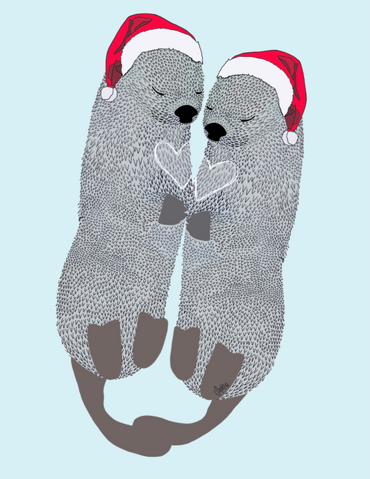 Otters with Santa Hat Holiday Print