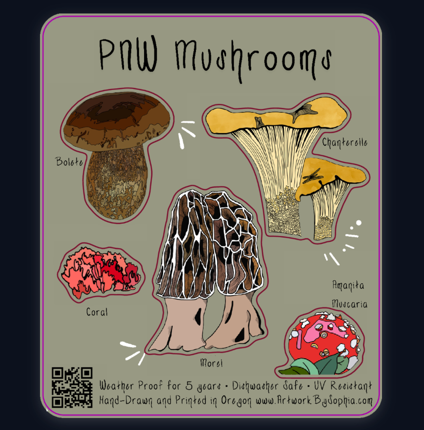 PNW Mushroom Sticker Sheet  |  Five Stickers | 4x6in