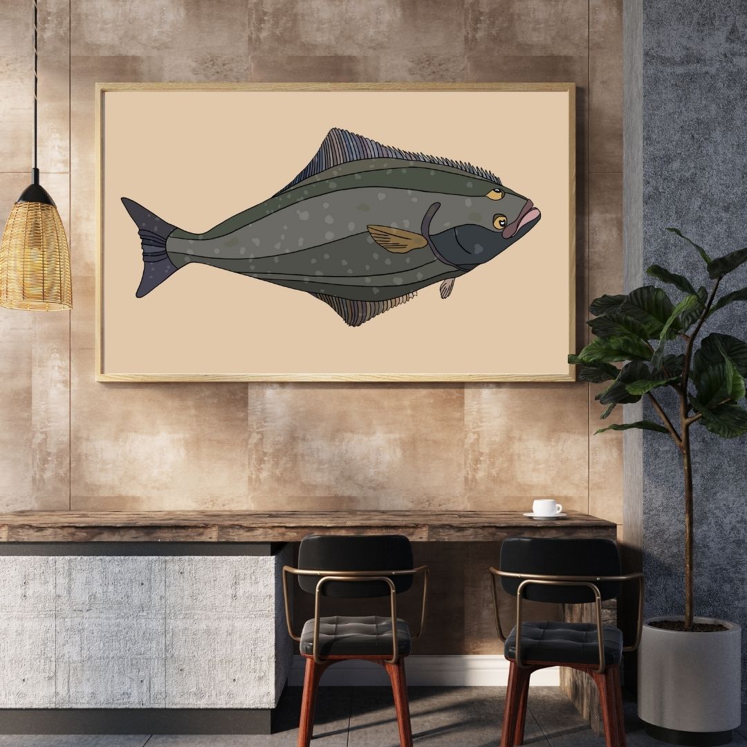 Halibut Ink Pacific Halibut Print Hand-drawn Illustration – Artwork By Sophia