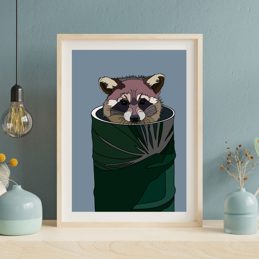 Trash Panda - Raccoon in a Trash Can - Hand-Drawn - Artwork Print