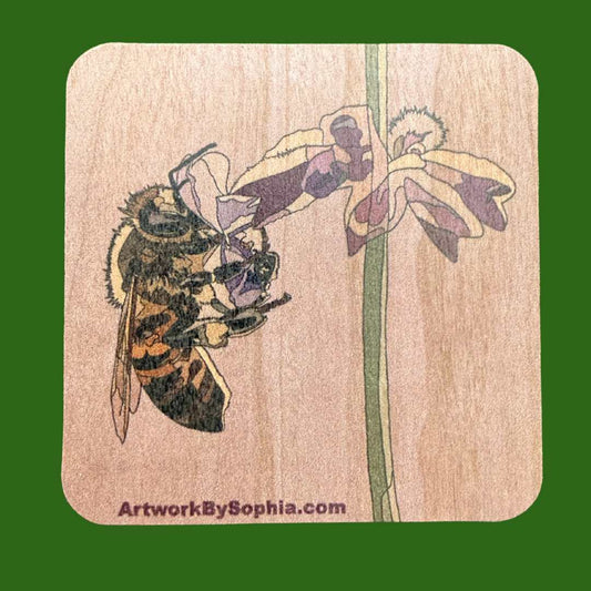 Bee on Purple Flower | Wood Magnet | 3in
