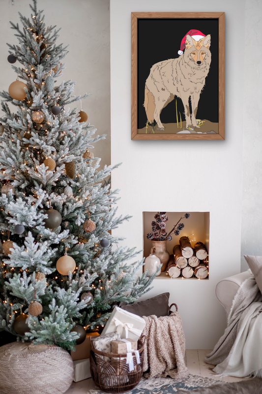 Coyote with Santa Hat Holiday Print 